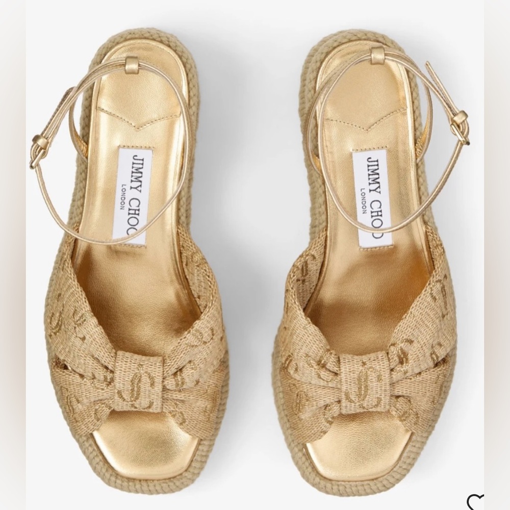 Jimmy Choo Gold Raffia Wedge Sandals - Picture 3 of 12
